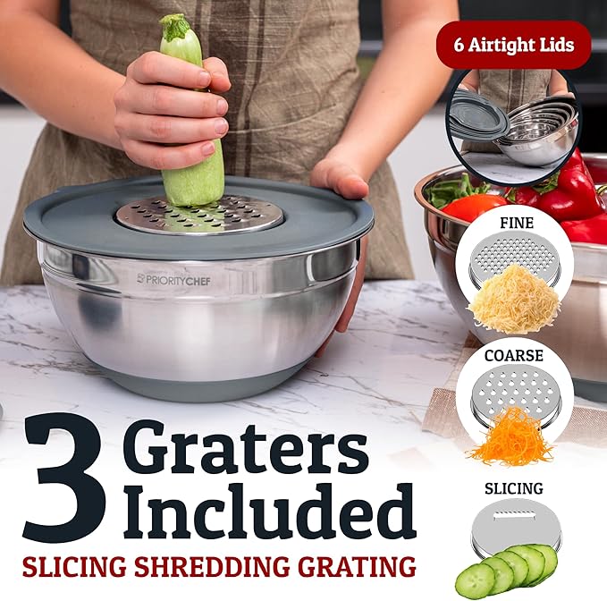 Priority Chef Stainless Steel Mixing Bowls with Lids Set - Premium 30Pcs with 6pc Metal Bowl Set for Kitchen, 3 Graters, Airtight Lids, Non-Slip Bases & Silicone Utensils, Grey