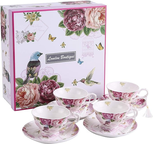 London Boutique Coffee Tea Cup and Saucer Set 4 Shabby Chic Vintage Porcelain Bird Butterfly Flora Gift Box 7.5OZ (Bird Rose Butterfly)