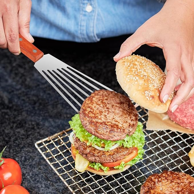 2 PCS Fish Spatula Stainless Steel, Upgraded Version Wooden Handle Fish Spatula, Polished Metal Slotted Turner For Flipping Fish, Omelets, Crepes, Steaks, and Hamburgers