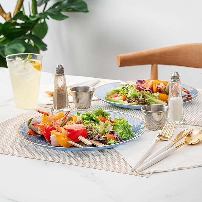 Restaurantware Plastic Plates 100 Pcs 10" Gold Rimmed Disposable Plates Heavy-Duty Blue Translucent Rippled Plastic Dinner Servers for Party, Weddings, Salads, Desserts, and Appetizers