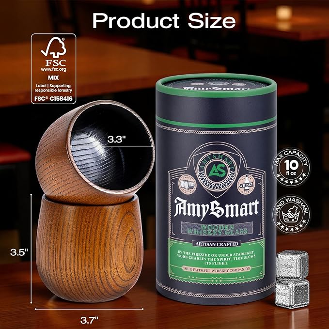Handcrafted Wooden Whiskey Glass with Gift Tube – Charred Old Fashioned Glass,Charred Bourbon Drinking Cup | Unique Whiskey Gift for Men, Dad, Husband, Friends, Birthday & Holiday (2 Pack Charred)