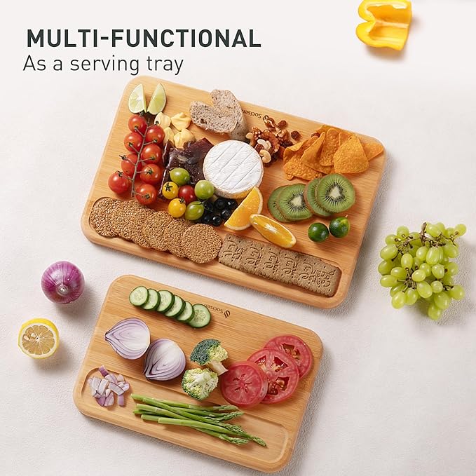 2 Packs Natural Wood Cutting Board Set Non Toxic Bamboo Cutting Boards with Juice Groove Wooden Chopping Board Ideal Charcuterie for Meat Fruit Vegetables Cheese Hardwood Kitchen Counter Kit