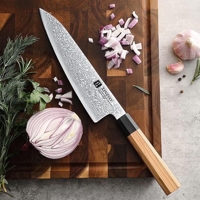 XINZUO 8.5 Inch Chef Knife, 67 Layers Hand Forged Damascus Steel Kitchen Knife Professional, Japanese Chef Knife for Chefs and Home Cooking, Ultra Sharp,Olive Wood Octagonal Handle
