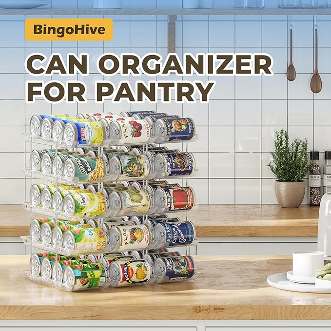 Stackable 5 Tiers Can Organizer Pantry, Canned Food Holder for Fridge Holds 60 Cans, Free Combination & Automatic Rolling, Space Saving Storage for Refrigerator Kitchen Pantry, Clear