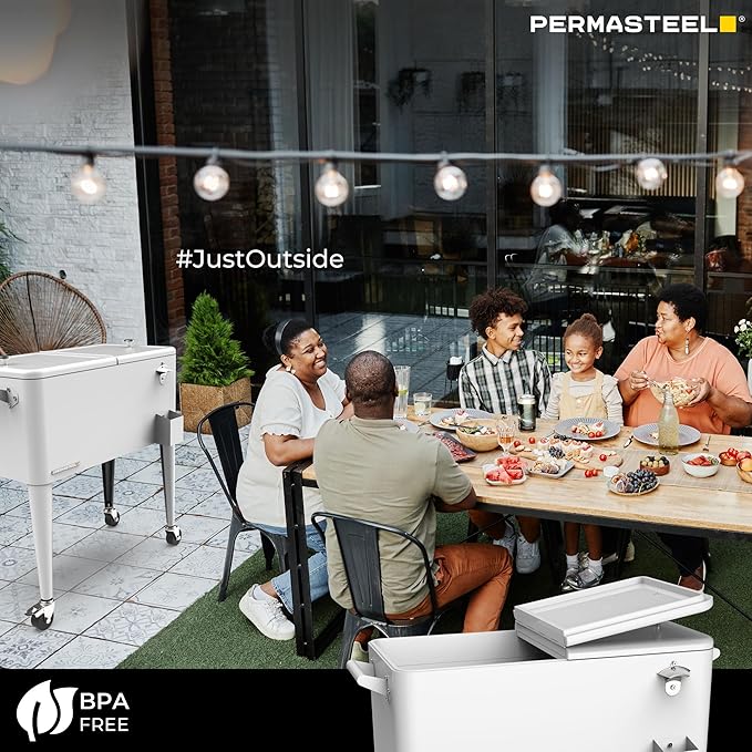 Permasteel 80 Quart Party Cooler, Rolling Ice Chest with Wheels and Handles for Indoor Outdoor Patio