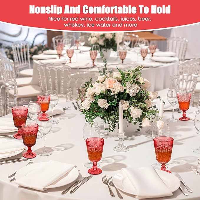 Eaasty Wine Glasses Set of 12 Vintage Goblet 9 oz Vintage Colored Glass Goblet Beverage Stemmed Glass Cups Romantic Embossed Glassware for Wedding Party Holidays Anniversary (Red)