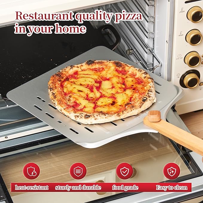 Pizza Cutter Rocker & 12 Inch Rotating Pizza Peel Set - Anodized Aluminum Peel with Wooden Handle, Includes Plastic Blade Guard - Ideal for Pizza Oven Baking & Slicing