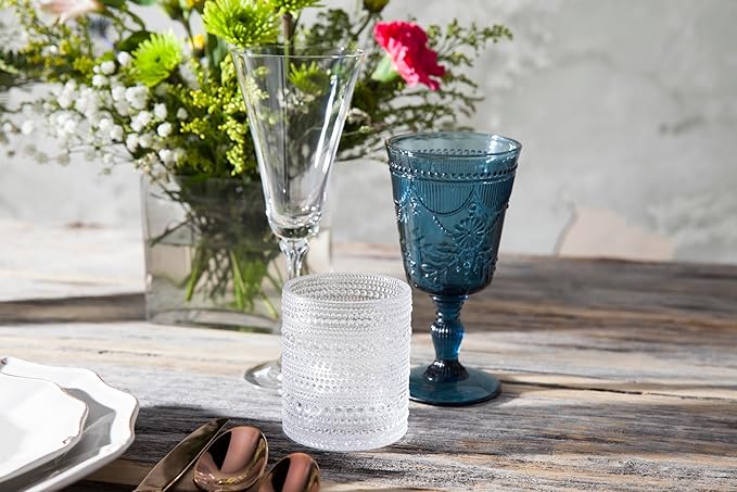 FORTESSA Debutante Vintage Themed Glassware, 10 Ounce Water Goblets (Set of 6), Dishwasher-Safe Water Glasses, Cornflower Blue
