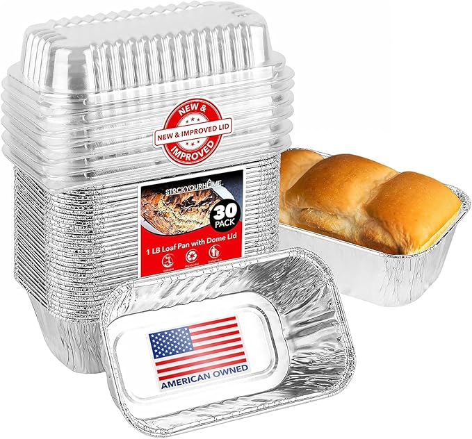 Stock Your Home Disposable Aluminum Mini Loaf Pans with Lids, 1 lb (30 Pack) New & Improved Plastic Dome Lid Foil Baking Tins, Tin Pans for Cake, Bread, Holiday Baked Goods Packaging