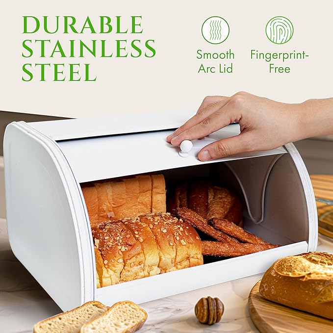Modern Metal White Bread Box for Kitchen Countertop for Homemade Loaf Sourdough, Roll Top Breadbox for Kitchen Countertop Storage Container Bin, Farmhouse Stainless Steel Bread Keeper for Counters