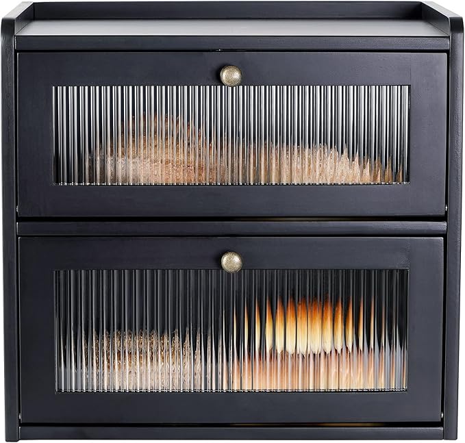 Sunhoo Bread Box for Kitchen Countertop Wooden Bread Storage Container Bin 2 Layer Breadbox Holder Large Capacity Keeper Vintage Farmhouse Food Organizer Pantry Shelf Acrylic Window（Black）