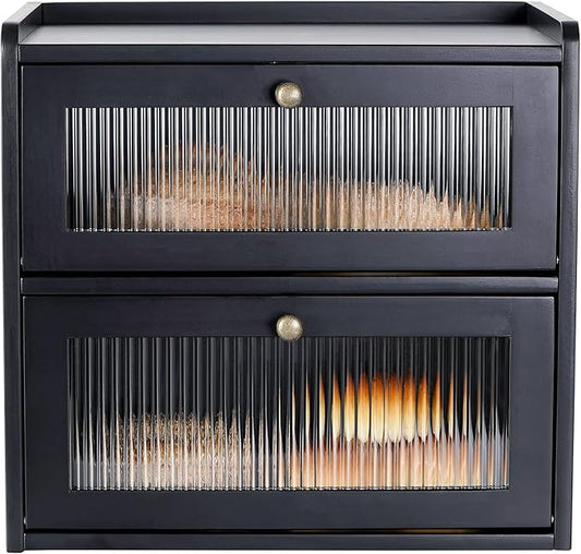 Sunhoo Bread Box for Kitchen Countertop Wooden Bread Storage Container Bin 2 Layer Breadbox Holder Large Capacity Keeper Vintage Farmhouse Food Organizer Pantry Shelf Acrylic Window（Black）