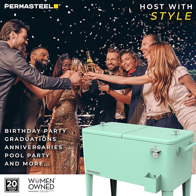 Permasteel 80 Quart Party Cooler, Rolling Ice Chest with Wheels and Handles for Indoor Outdoor Patio
