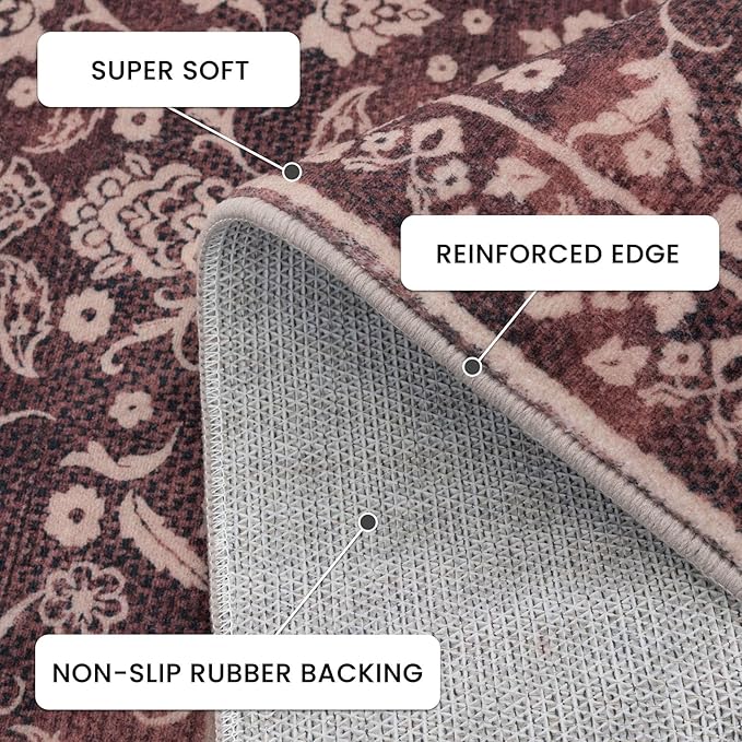Vintage Entryway Rug Indoor, Deep Burgundy Washable Rug 2x3, Small Area Rug with Non-Slip Backing, Floral Print, Thin Faux Wool Super Soft Door Mat for Kitchen, Entrance, Bedroom, Office