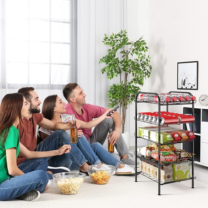 Water Bottle Organizer 5 Tier FreeStanding Water Bottle Storage Shelf Adjustable Water Bottle Holder Stand Metal Beverage Can Rack for Pantry Kitchen Party Black