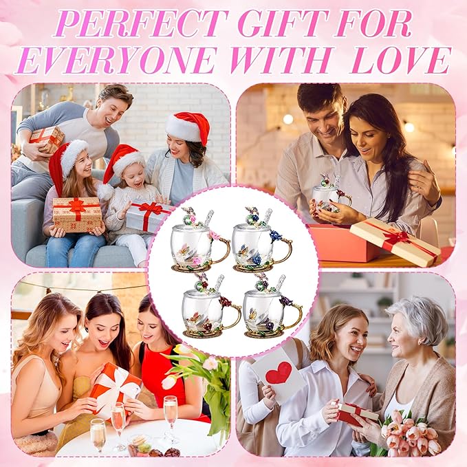 Nuanchu 4 Sets Flower Glass Tea Cups with Lids and Spoon Butterfly Vintage Glass Coffee Mugs Floral Fancy Clear Teacup for Christmas Women Mom Wife Girlfriend(Pink, Purple, Blue, Red,11 Oz,12 oz)