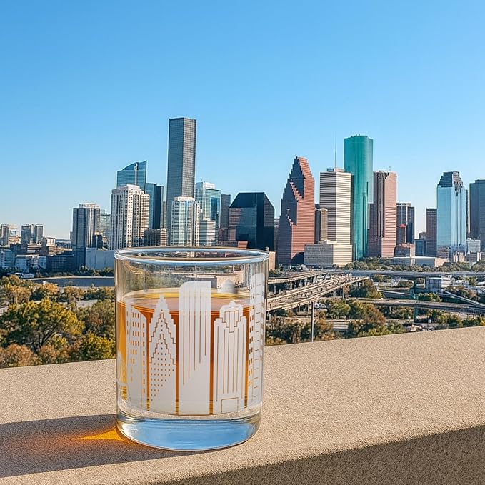Greenline Goods – Houston, TX Skyline Whiskey Glasses (Set of 2), 10 oz – Rocks/Old Fashioned Tumblers