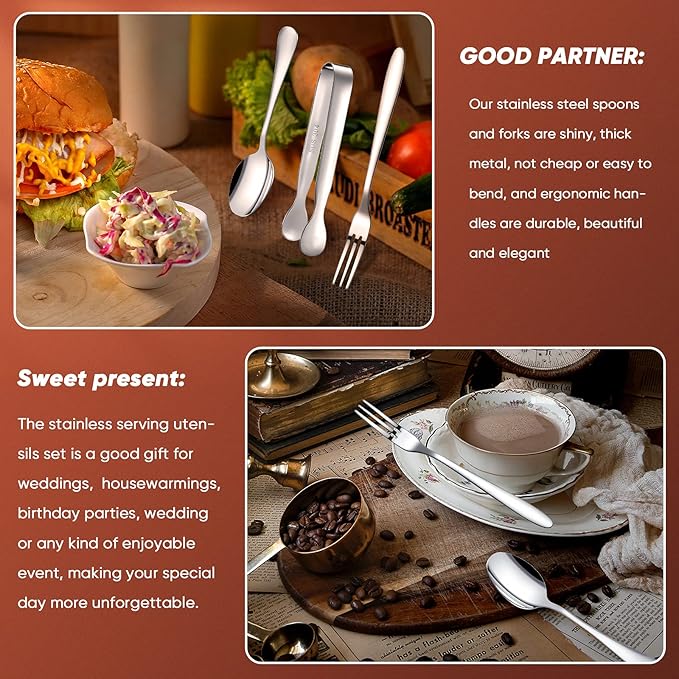 Cunhill 24 Pcs Charcuterie Accessories Mini Cocktail Tongs Small Serving Spoons and Appetizer Forks Stainless Steel Tongs Charcuterie Utensils for Valentine Party Supplies(Sharp Spoon,Silver)
