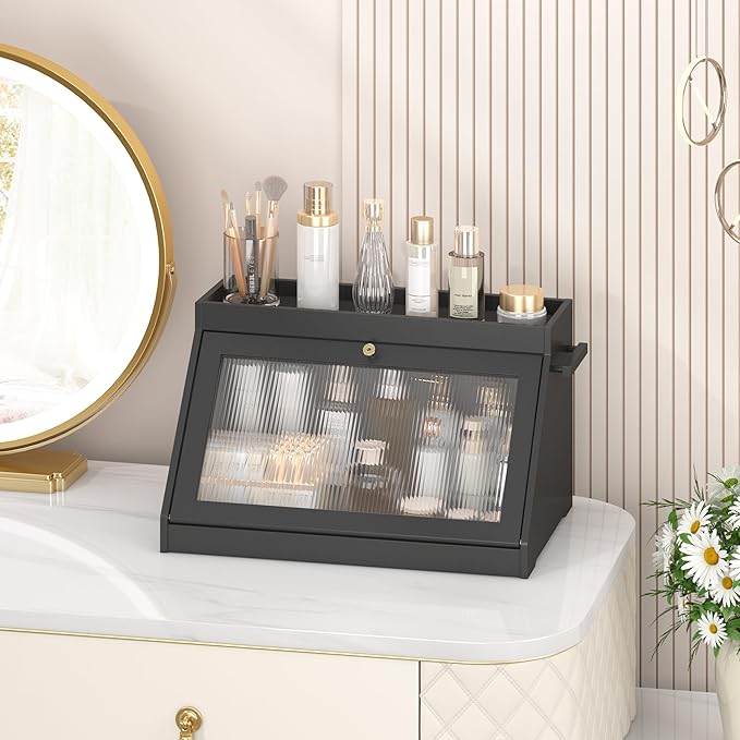 Bamboo Bread Box with Shelf for Kitchen Counter-Large Capacity Bread Storage Container with Wavy Arcylic Transparent Door Bamboo Wooden Farmhouse Bread Box for Your House (Black)