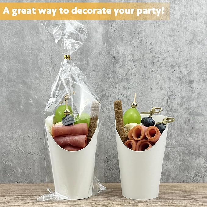 CAMKYDE 50 Sets Disposable Charcuterie Cups with Sticks and Bags, 12 oz White Paper Snack Appetizers Cup French Fry Holder with Cocktail Picks Toothpicks (50 Cups+50 Bags+200 Sticks)