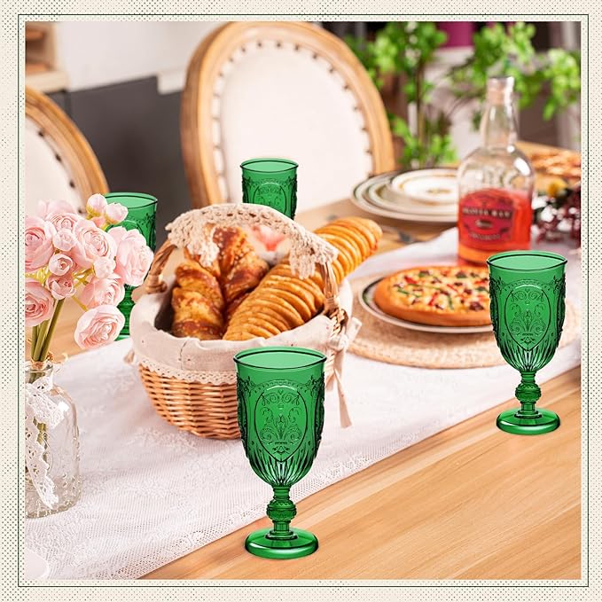 6 Pcs Plastic Goblets 7.5oz Vintage Goblet Plastic Wine Glasses Colored Retro Embossed Water Goblets for Wine Bar Juice Baby Shower Wedding Reception Grand Event Party (Dark Green)