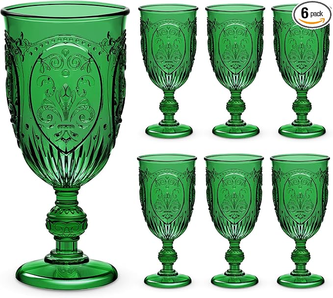6 Pcs Plastic Goblets 7.5oz Vintage Goblet Plastic Wine Glasses Colored Retro Embossed Water Goblets for Wine Bar Juice Baby Shower Wedding Reception Grand Event Party (Dark Green)