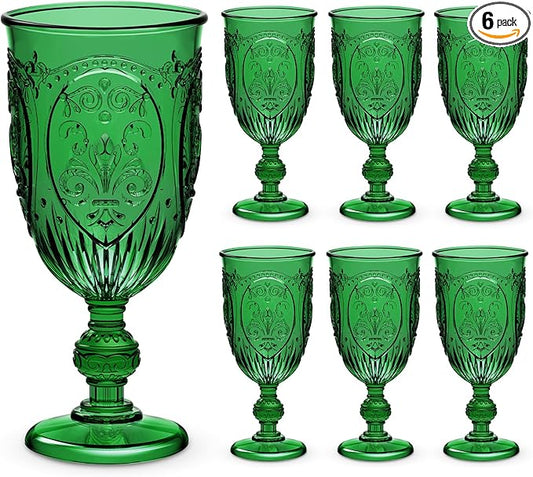 6 Pcs Plastic Goblets 7.5oz Vintage Goblet Plastic Wine Glasses Colored Retro Embossed Water Goblets for Wine Bar Juice Baby Shower Wedding Reception Grand Event Party (Dark Green)