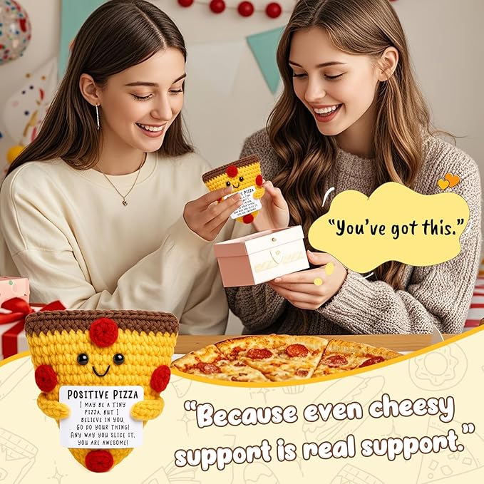 Mini Christmas Inspirational Pizza Gifts Handmade Positive Crochet Animal Pizza for Motivation Christmas Birthday Gift for Women Coworker Friends Christmas Stocking Stuffers White Elephant Gifts Idea