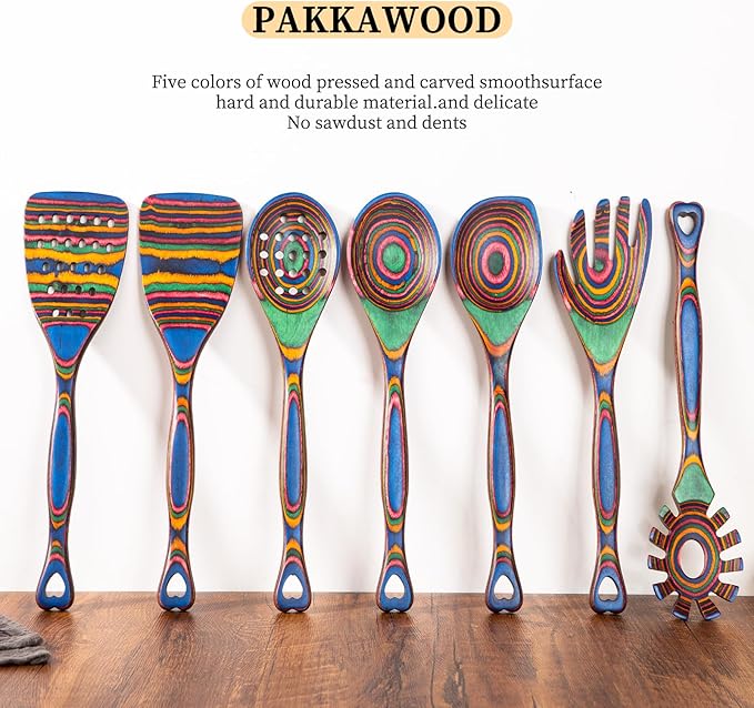 Gudamaye Pakkawood 7-Piece Wooden Cooking Utensils, Wooden Spoons for cooking, Pakkawood kitchen Utensils for Cooking, Non-Stick Spoon, Household Essentials, Heat-Resistant Spoons
