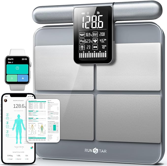 Runstar Scale for Body Weight and Fat Percentage, 8-Electrodes Precision Digital Smart Scale for BMI 28 Body Composition Measurement, Silver Bathroom Smart Scales with Large Display