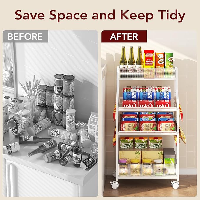 Can Organizer for Pantry - Rolling Snack Cart, Multi-Layer Soda Can Organizer for Pantry, Mobile Beverage Storage Rack with Wheels, Versatile Metal Shelf for Kitchen and Office, White