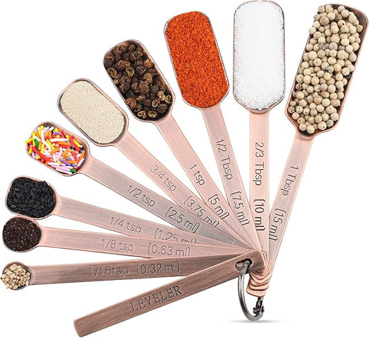 Copper Measuring Spoons Set, Stainless Steel Measuring Spoons Set 10, Metric&US Long Handle Measure Spoons for Kitchen&Baking, Metal Measure Tools with 1/16Tsp&2/3Tbsp for Spice Jar