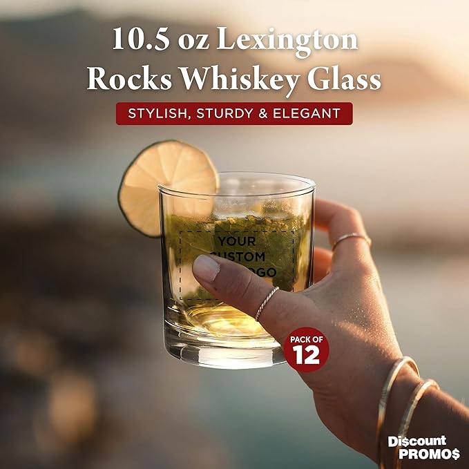 Custom Lexington Rocks Whiskey Glass 10.5 oz, Set of 12, Personalized Bulk Pack - Perfect for Scotch, Bourbon, Whiskey, Cocktail - Clear