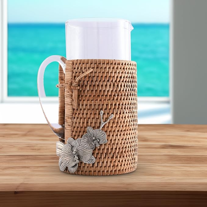 Vagabond House Orchid Adorned Glass Carafe, Lightweight & Durable, Tropical Rattan Wicker Design, Dishwasher Safe, Perfect Table Centerpiece, Ideal Ice Tea Pitcher for Hot or Cold Beverages