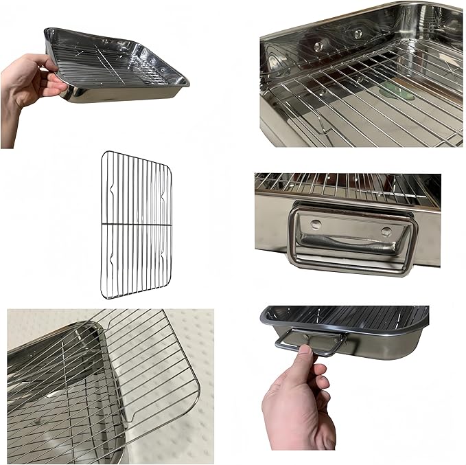 Roasting Pan Stainless steel Roasting pan Turkey Roasting pan with grill Rectangular grill suitable for Turkey, roast chicken and ham (16.5x12.6x2.6inch)