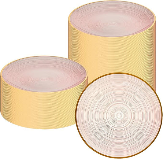 Restaurantware Plastic Plates 20 Pcs 7.25" Gold Rimmed Disposable Plates Heavy-Duty Pink Translucent Rippled Plastic Dinner Servers for Party, Weddings, Salads, Desserts, and Appetizers