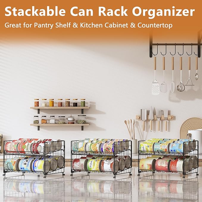 Adjustable Rack Organizer, Stackable 2-Tier Storage for Kitchen Pantry Cabinet, Can Holders for Food, Multifunctional Dispenser for Snacks Soda-3 Pack