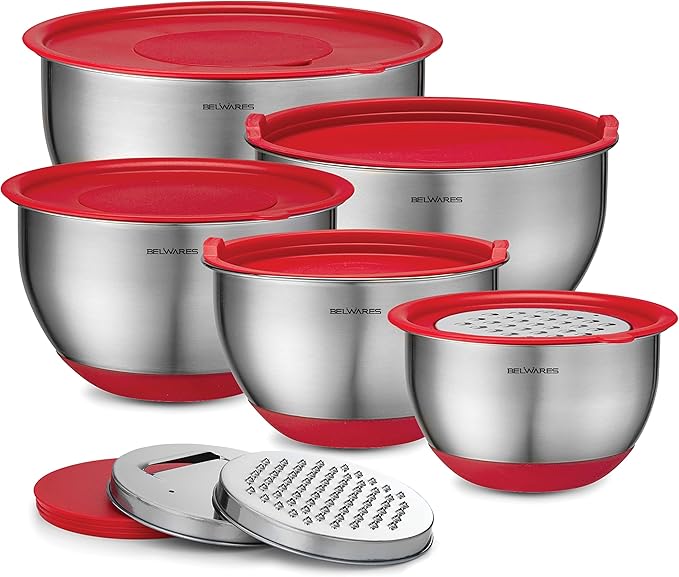 Belwares Mixing Bowls with Lids Set - Nesting Bowls with Airtight Lids + Graters - Stainless Steel Non-Slip Mixing Bowl for Baking, Food Storage and Prepping (Red, 5-Piece Set)