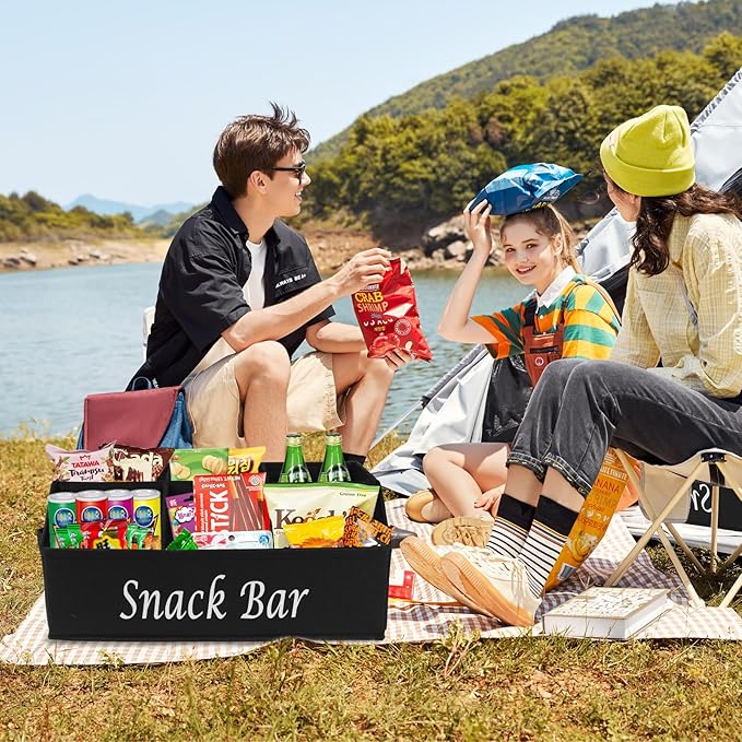 2 Pack Snack Organizer for Countertop With Handles - 6 Compartment Box Basket, Bar Station, Kitchen Cabinet Pantry Storage - Black