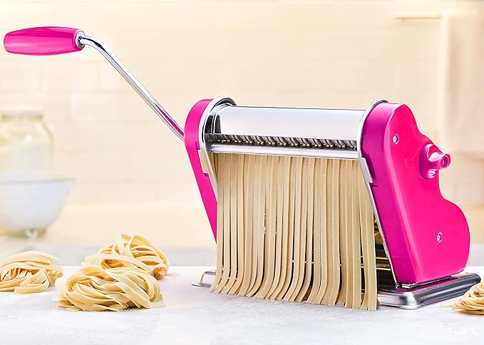 PASTALINDAClassic 200 Pasta Maker Machine, 20 cm Wide Rollers, 9 Thickness Positions, 2 Cutting Positions, Stainless Steel. Includes Reinforced Hand Crank And Two Clamps (Fuchsia)