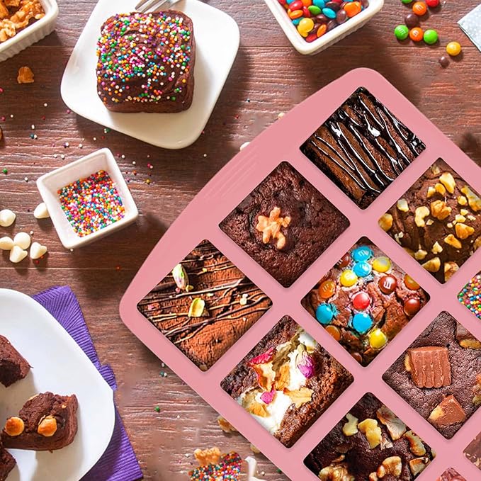 Brownie Pan,2Pcs Nonstick Silicone Bite Size Brownie Pan with Dividers,12 Cavity All Edges Brownie Pan,Non Stick Cake Baking Mold