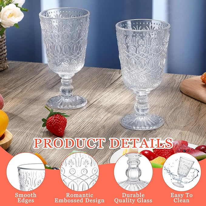 Eaasty Wine Glasses Set of 12 Vintage Goblet 9 oz Vintage Colored Glass Goblet Beverage Stemmed Glass Cups Romantic Embossed Glassware for Wedding Party Holidays Anniversary (Clear)