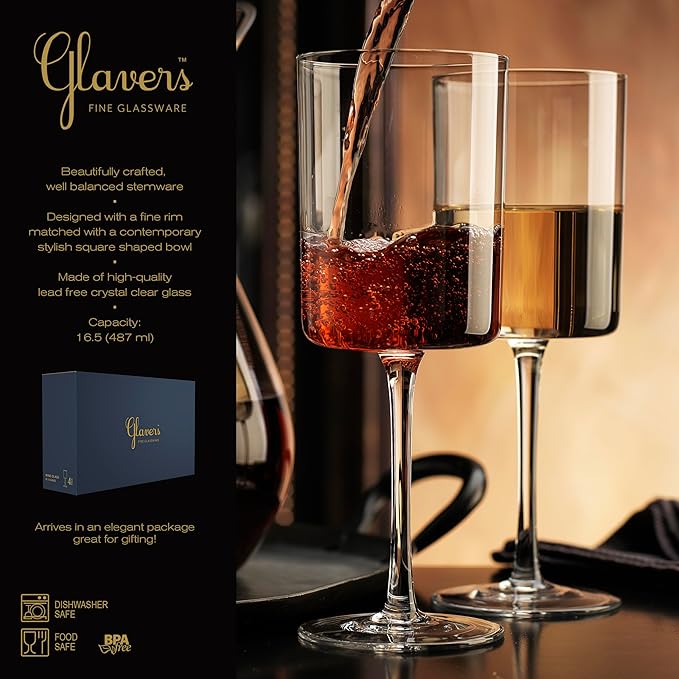 Square Wine Glasses Set of 4-16 oz - Crystal Wine Glass Set in Gift Packaging - Large Red Wine Glass on Long Stem - Housewarming Gifts New Home - Glasses Drinking Set - For White & Red Wine