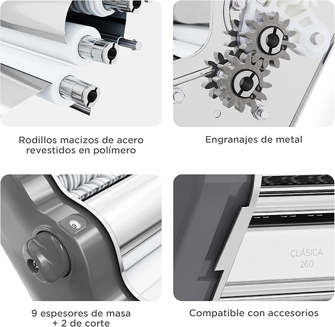 PASTALINDA Classic 260 Pasta Maker Machine, 26 cm Wide Rollers, 9 Thickness Positions, 2 Cutting Positions, Stainless Steel. Includes Reinforced Hand Crank And Two Clamps (Gray)