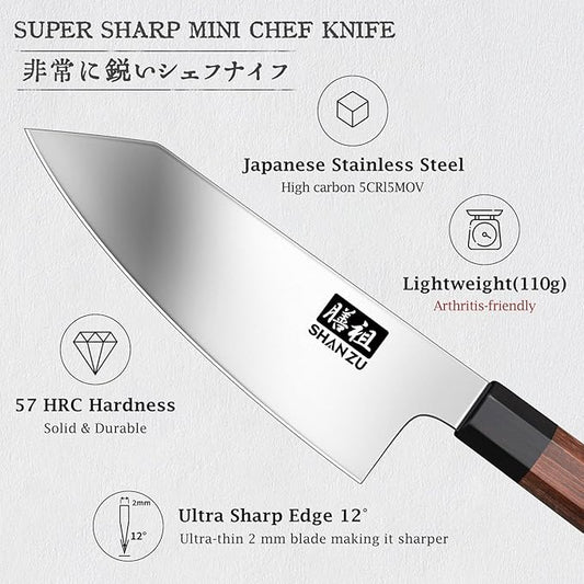 SHAN ZU 6 Inch Chef Knife for Small Hands, Japanese High Carbon Steel Kitchen Knife, Multi-function Mini Size Sharp Cooking Knife with Ergonomic Red Sandalwood Handle