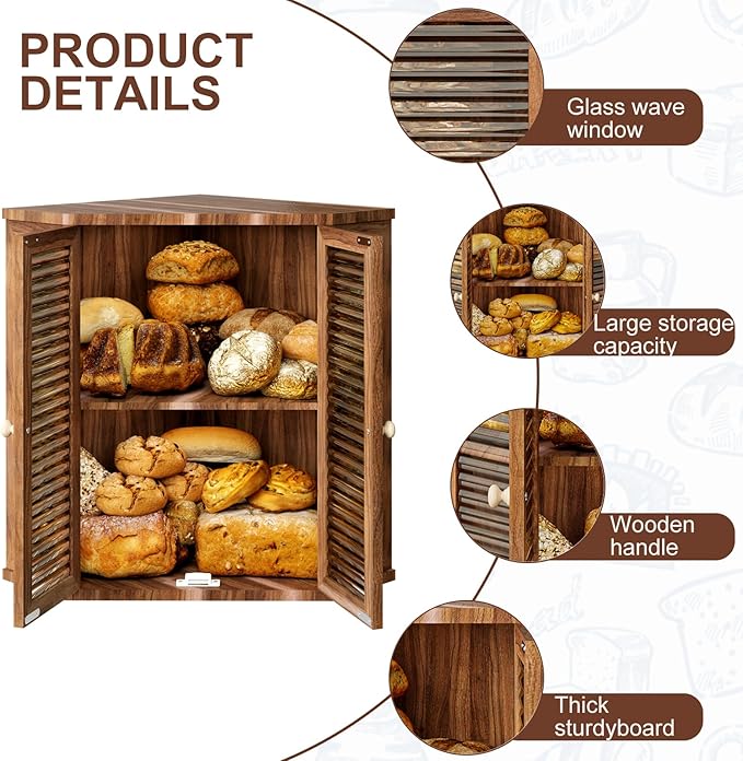 Acacia Corner Bread Box for Kitchen Countertop, Large Double Layer Wooden Bread Storage with Glass Doors