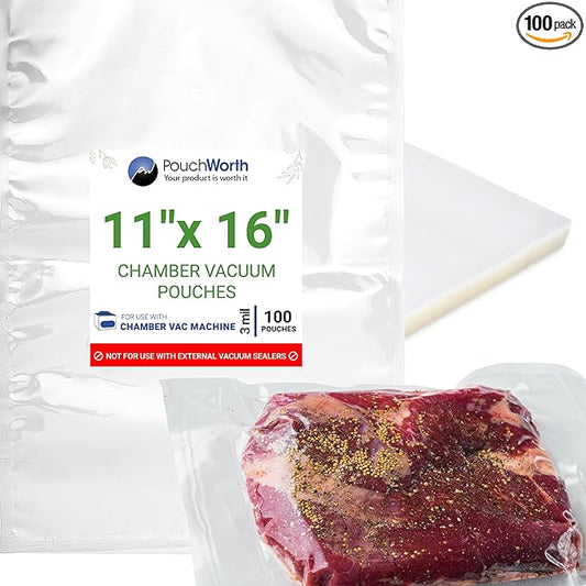 100 pcs Clear 11" x 16" Gallon, 3 mil Chamber Machine Pouches, Pre-Cut Chamber Vacuum Sealer Bags, Heavy Duty Seal Pouch, BPA-Free Chamber Sealer Bags with Tear Notch