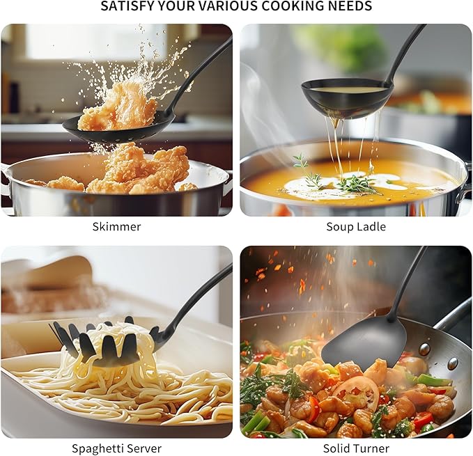 304 Stainless Steel Kitchen Cooking Utensils Set - 9 PCS Serving Utensils, Include Skimmer, Soup Ladle, Spaghetti Server, Wok Spatula, Slotted & Solid Spoon, Slotted Spatula Turner, Meat Fork (Black）