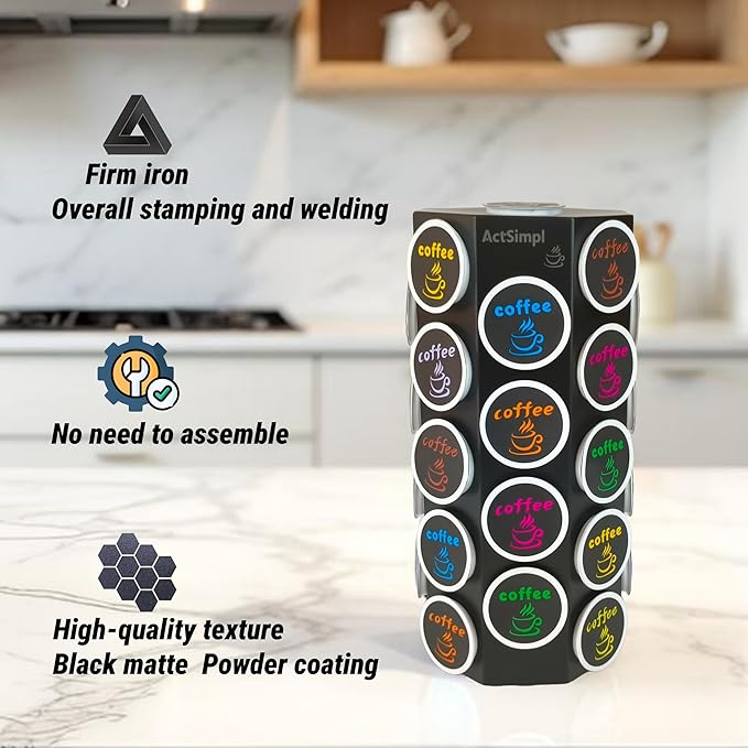 Compact Sturdy Metal K Cup Holder, Stylish and Modern Designed Coffee Pod Carousel, K Cup Storage Organizer, 36+1 Pods Capacity, No Assembly Required