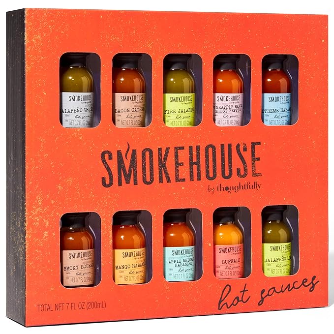 Smokehouse by Thoughtfully, Gourmet Hot Sauce Gift Set, Flavors Include Mango Habanero, Buffalo, Bacon Cayenne, Smoky Bourbon, Fire Jalapeño and More, Hot Sauce Variety Pack, Set of 10